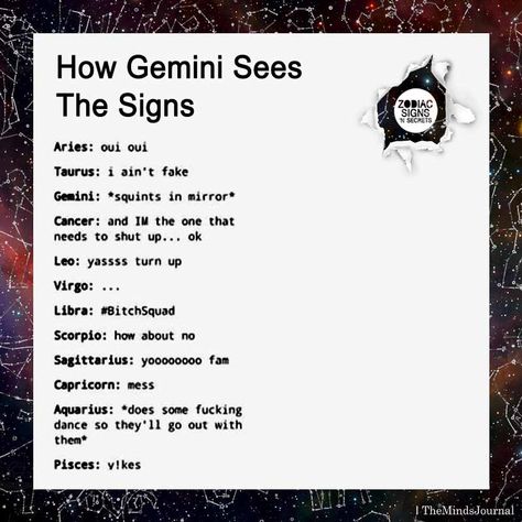 How Gemini Sees The Signs https://themindsjournal.com/how-gemini-sees-the-signs How The Signs See The Signs, Gemini Anime Character, Gemini With Other Signs, Gemini X Gemini, She Is Gemini, Gemini Negative Traits, May Gemini, Gemini Aesthetic, Gemini Pisces