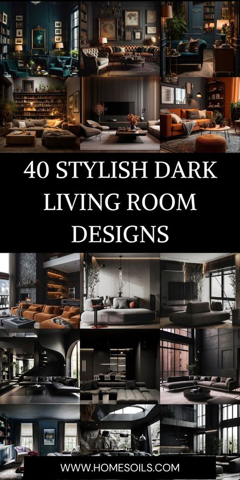 Elevate your space with these 40 stylish dark living room designs! Incorporate deep hues, luxurious textures, and moody lighting to create a sophisticated, cozy atmosphere perfect for relaxation and refined elegance. Dark Living Room And Kitchen, Circular Living Room Layout, Modern Dark Living Room Ideas, Dark And Moody Decor Interior Design, Living Room Latest Designs, Home Renovation Ideas Living Room, Moody Colors Living Room, Black Living Rooms Ideas, Trending Living Room Design 2024