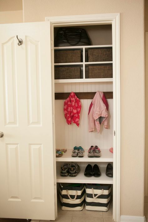 Moveable, so we are able to push to the side. Coat Closet Organization Front Entry, Door Organization, Organized Mudroom, Coat Closet Storage, Coat Closet Makeover, Coat Closet Ideas, Small Coat Closet, Closet Conversion, Closet Makeover Diy