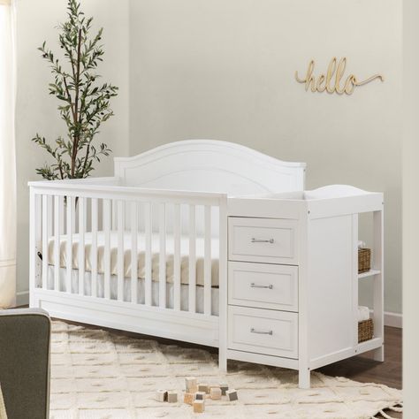 Charlie 4-in-1 Convertible Crib and Changer with Storage Ghibli Nursery, Crib And Changing Table Combo, Crib With Changing Table, White Baby Cribs, Baby Changer, White Crib, Best Crib, Arched Headboard, Nursery Room Design