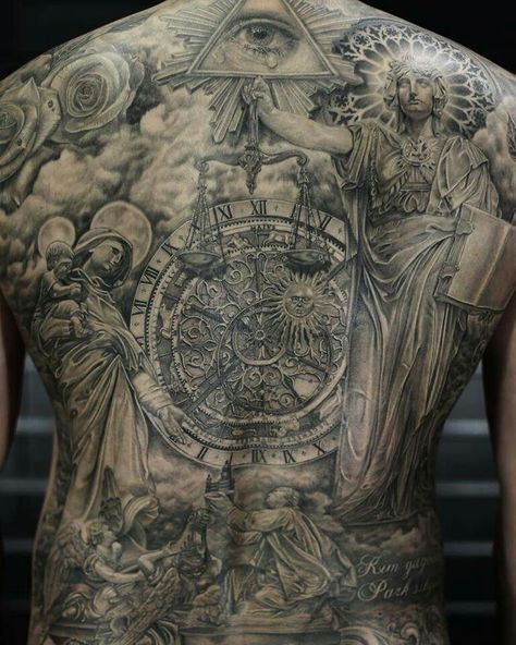 By Mue Backpiece Tattoo, Heaven Tattoos, Statue Tattoo, Full Back Tattoos, Cool Chest Tattoos, Jesus Tattoo, Angel Tattoo Designs, Religious Tattoos, Chest Piece Tattoos