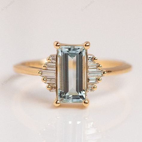 Antique Aquamarine Ring, Alt Wedding, Birthstone Promise Rings, Baguette Engagement Ring, Ring Inspo, Traditional Engagement Rings, Baguette Ring, Aquamarine Engagement Ring, Big Rings