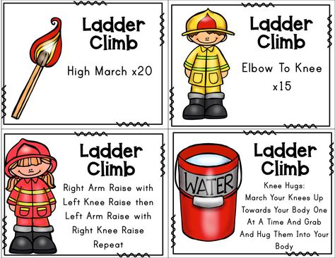 48 Brain Break Cards With A Firefighter Theme/Fire Safety Theme.  Fast, fun, and effective designed with physical activity in mind.  Feel confident that you have a fun way to move with a firefighter theme that your kids will love, and so will you!  With your purchase you will receive a downloadable PDF file.  Read more details below. Firefighter Dramatic Play, Fire Safety Lesson Plans, Fire Safety Lessons, Firefighter Games, Fire Safety Theme, Fire Safety Activities, Fire Safety Preschool, Firefighter Crafts, October Lessons