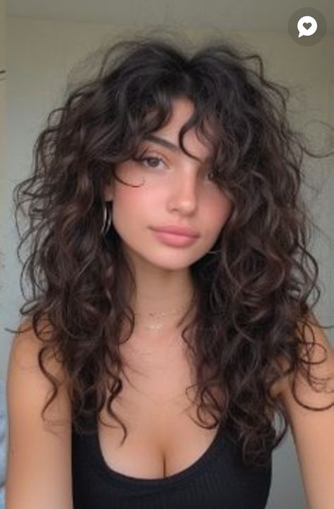 Curly Shag Long Bangs, Curly Hair Styles For Square Face Shape, Wolfcut Hair Long Curly, Face Framing Pieces Curly Hair, Long Layered Haircuts Curly Hair, Curly Hair From The Back, Curly Mid Length Hair, Shag Curly Hair, Perm Before And After