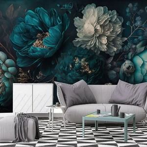 Bettywallmurals - Etsy Teal Flower Wallpaper, Floral Murals, Large Floral Wallpaper, Mural Home, Home Decor For Living Room, Teal Flowers, Peony Flowers, Smooth Walls, White Peonies