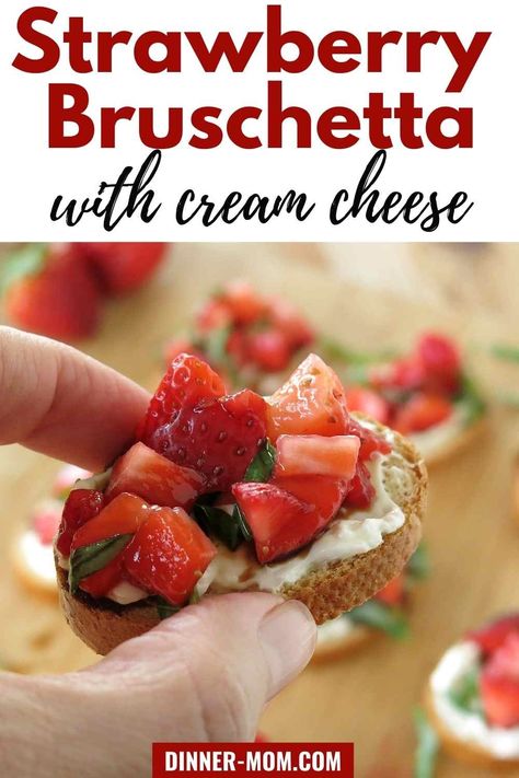 Strawberry bruschetta with cream cheese, basil and balsamic vinegar is the party appetizer everyone will talk about and it takes 15 minutes to make. It healthy and CAN BE low-carb, keto-friendly too. We show you how. Follow our make-ahead tips if you're making this for a celebration! #strawberrybruschetta #healthyappetizer Brushetta Recipe Cream Cheese, Strawberry Cream Cheese Appetizer, Strawberry Balsamic Crostini, Strawberry Basil Bruschetta, Strawberry Balsamic Vinegar Recipes, Strawberry Bruschetta Appetizers, Cream Cheese Bruschetta, Strawberry Bruchetta, Fruit Bruschetta Recipe