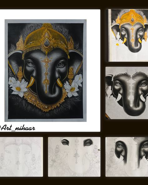 ✨| Shree Ganesh |✨ . DM FOR ORDER . Size - A3 Charcoal and gold @art_nihaar . I hope you all are like Shri Ganesha sketch . ✨ . #shriganesh #sktech #drawing #charcoaldrawing #golden #lordganesh #walldecoration #scenery #artwork #homedecor Scenery Artwork, Ganesha Sketch, Shree Ganesh, Charcoal Drawing, Gold Art, Ganesha, I Hope You, I Hope, Sketch