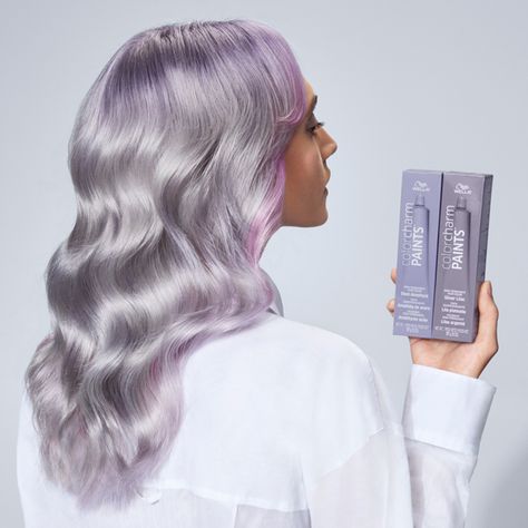 Chrome, Silver Lilac and Steel Amethyst PAINTS (as well as the other 17 shades) are free of ammonia, peroxide, parabens and animal-derived ingredients. And, no developer is needed! All you have to do is open, mix and paint directly on hair. Thanks to Wella's Stay Put Technology, you can use multiple colors side-by-side, foil-free without the risk of bleeding. Results last up to 20 washes and fade beautifully on tone. Chrome Hair Color, Lilac Silver Hair, Color Melting Hair, Wella Color Charm, Lilac Hair, Wella Hair, Semi Permanent Hair Color, Wella Color, Silver Blonde