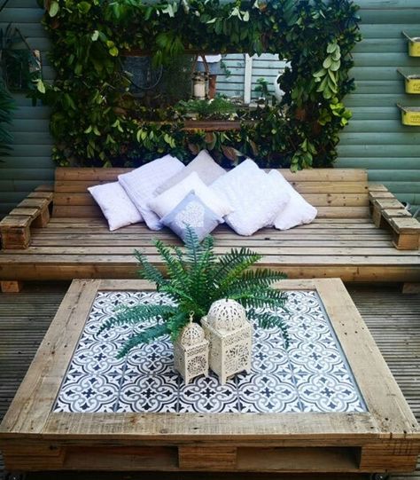 Tiled Coffee Table, Pallet Patio Furniture, Pallet Patio, Pallet Sofa, Budget Patio, Pallet Outdoor, Pallet Garden, Wood Patio, Pallet Furniture Outdoor