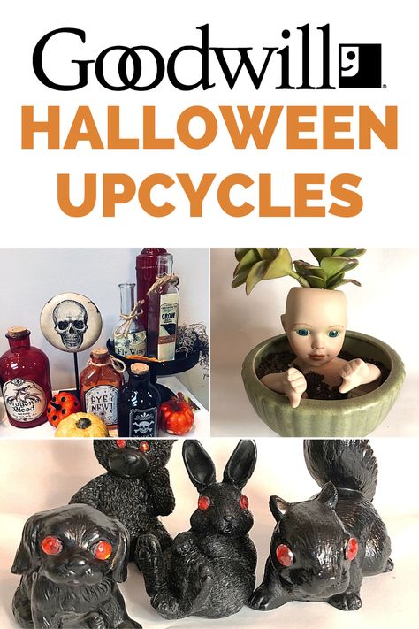 Get crafty this Halloween season with these spooky Goodwill Halloween Upcycles! â ï¸ #upcycle #DIY #HalloweenDIY Weird Halloween Decorations, Goodwill Crafts Diy, Halloween Oddities Diy, Halloween Crafts Spooky, Creepy Halloween Crafts For Adults, Thrift Store Art Makeover Spooky, Diy Goodwill Halloween Decor, Upcycled Halloween Crafts, Repurpose Halloween Decor