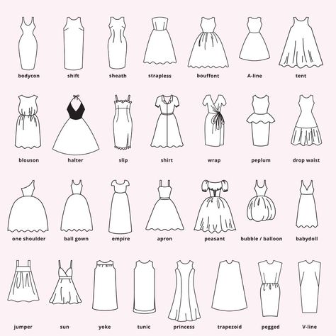 Learn about the most common dress silhouettes through this guide to help you find the right types that will work best for your body shape. Types Of Shirts For Women Chart, Types Of Dresses Chart, Clothing Terminology, Dress Outline, Fashion Terminology, Istoria Modei, Different Types Of Dresses, Easter Dresses For Toddlers, Fashion Design Books