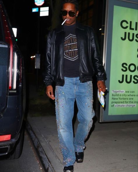 Asap Rocky Casual Style, Asap Rocky Leather Jacket, Asap Rocky Street Style, Asap Rocky Fits, Skepta Style, Skirt Over Pants Outfits, Asap Rocky Style, Asap Rocky Outfits, Aesthetic Retro Outfit