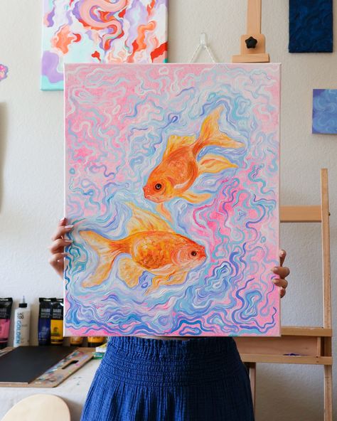 Swipe to unpaint the fishies 👉🏼 This was my first time properly painting goldfish using acrylic, before I’d only ever painted them with watercolors. And let me just say I liked using acrylic soooo much more (also I’m resisting the urge to name this one “Us as Fish II,” please give me name suggestions 😂) Guache Paintings Ideas, Acrylic Paint Markers Ideas, Fish Painting Acrylic, Fish Acrylic Painting, Beachy Paintings, Goldfish Painting, Draw Dog, Resisting The Urge, Art Markers Drawing