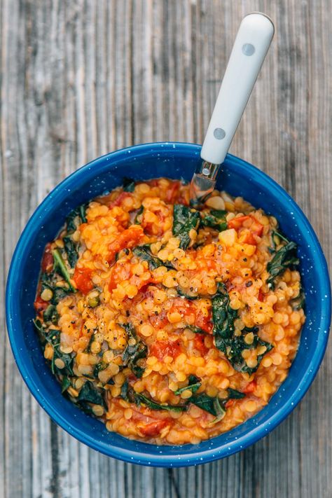 6 Recipes & Reasons to Cook One-Pot Camping Meals Red Lentil Recipes Easy, Cliff Bars, Coconut Stew, Vegetable Curries, Coconut Kale, Red Lentil Stew, Lentil Kale, Vegetarian Camping Recipes, Kale Stew