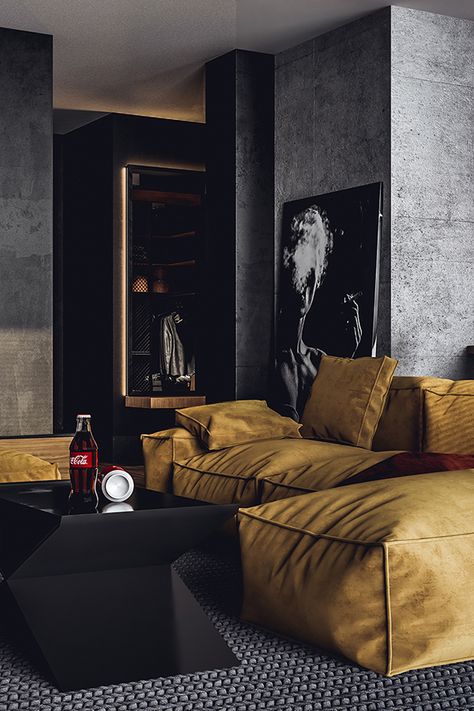 Masculine Interior Design, Masculine Living Rooms, Dark Interior Design, Masculine Interior, Interior Design News, Loft Interior Design, Loft Interiors, Flat Interior, Appartement Design