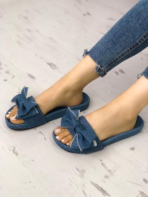 Denim Bows, Slider Sandals, Flat Slippers, Slip On Espadrilles, Wedges Style, Flat Slipper, Footbed Sandals, Bow Flats, Bow Knot