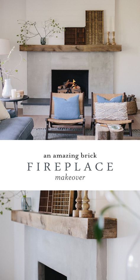 Brick Fireplace With Beam Mantle, Fireplace Without Brick, Grey Brick Fireplace With Wood Mantel, Grey Tile Fireplace With Wood Mantle, Covered Brick Fireplace, Wood Beam Mantle Brick Fireplace, Renovating Brick Fireplace, Wide Fireplace Makeover, Brick Fireplace With Seating Ledge