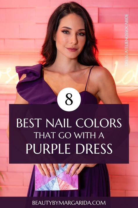 Not sure what nail color goes with a purple dress? Here you'll find the best nail polish colors to wear with purple dresses, whether for a wedding or a laid-back party! Dress: Ateliê Nosso Cabide Vestidos Color Uva, Purple Dress Accessories, Eggplant Color Dress, Purple Dress Outfits, Eggplant Dress, Color Uva, Plum Colored Dresses, Deep Purple Dress, Neon Prom Dresses