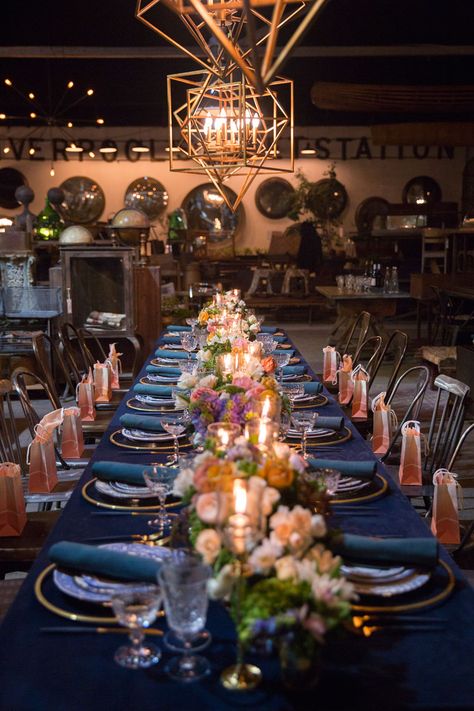 Celestial Theme Wedding, Gold Reception Decor, Navy Blue Theme, Blue Wedding Flower, Navy Tablecloth, Blue Table Settings, Gold Reception, Navy Table, Hotel Table