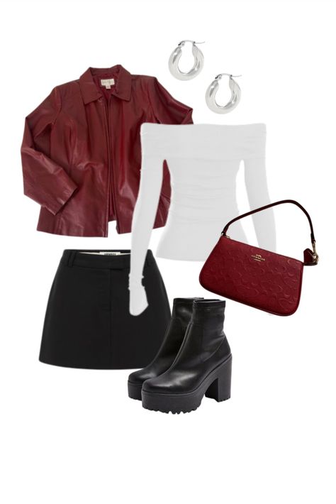 Red Longsleeves Outfit, Red Shoulder Bag Outfit, Aesthetic Black Boots, Red Fall Outfits, Outfit Black Leather Jacket, White Leather Jacket Outfit, Fall Outfits Red, Red Purse Outfit, Black Skirt Outfit Fall