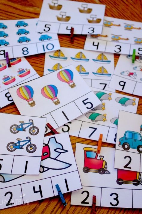 Over 25 sets of themed count and clip cards... great for preschool and kindergarten math centers! Transportation Preschool, Math Centers Kindergarten, Prek Math, Transportation Theme, Numbers Preschool, Math Numbers, Preschool Printables, Clip Cards, Preschool Math