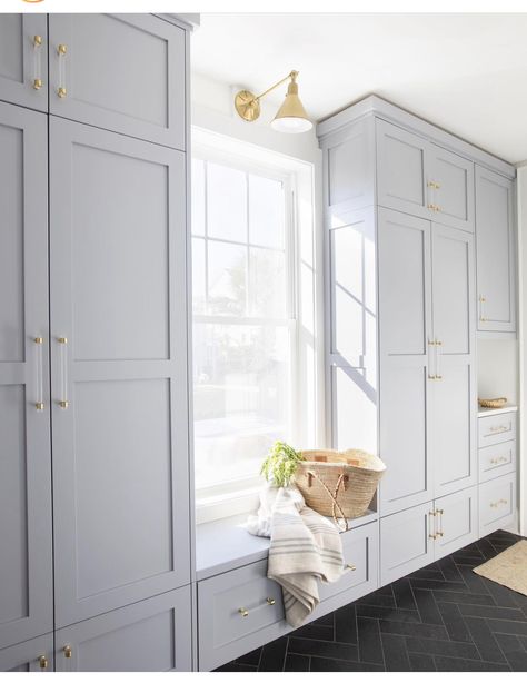 Boothbay Gray Laundry Room, Mudroom Remodel, Farmhouse Mudroom, Mudroom Cabinets, Mudroom Lockers, Hallway Closet, Mudroom Laundry Room, Modern Luxe, Mud Room Storage