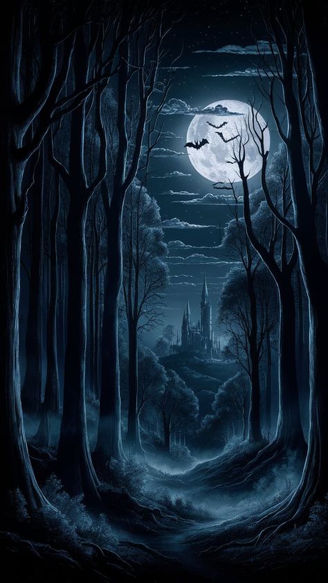 Immerse yourself in the surreal beauty of a moonlit night within a dense, enchanted forest. This dark wallpaper captures the tall, twisted silhouettes of trees forming intricate patterns against a star-filled sky. Mystical fog swirls around the forest floor, illuminated by the silver moonlight, while a distant ancient castle with towering spires adds a mysterious allure to the horizon. Bats flit across the glowing moon, casting ghostly shadows and enriching the overall atmosphere with an eerie yet captivating charm. Spooky Forest Wallpaper, Enchanted Dark Forest, Enchanted Forest Aesthetic, Webtoon Background, Caricature Wedding Invitations, Surreal Beauty, Moon Pics, Mystic Forest, Ancient Castle