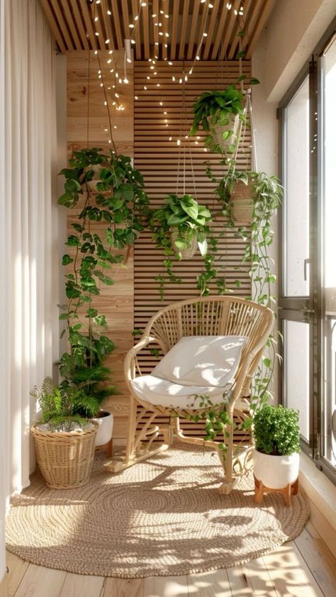 Credits to @decorwitheva Front Door Sitting Area, House Boho Decor, Balcony Rug, Indoor Balcony, Tiny Balcony, Balcony Design Ideas, Small Balcony Garden, Terrace Decor, Small Terrace