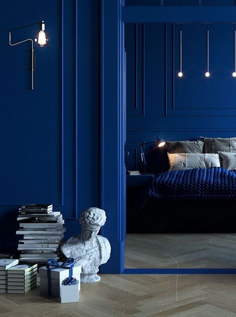 Modern Blue Interior Design, Dark Cobalt Blue Paint, Pantone Classic Blue, Royal Blue Interior Design, All Blue Room, Blue Monochromatic Room, Blue Wall Interior, Royal Blue Room, Anime Room Decor Ideas