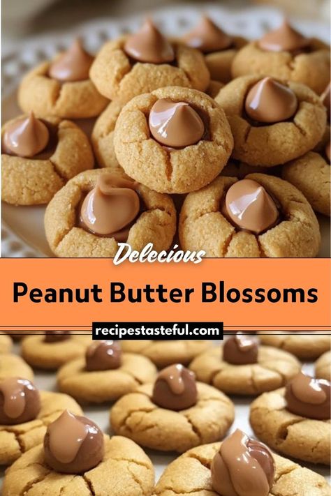 Peanut Butter Blossoms are soft peanut butter cookies topped with a chocolate kiss. These delightful treats are perfect for holiday baking or any time you're craving a sweet snack, combining the nutty flavor of peanut butter with rich chocolate in every bite. Peanut Butter Kiss Cookie Recipe, Peanut Butter Kiss Cookies Recipe, Peanut Blossom Cookies, Peanut Butter Blossoms Recipe, Peanut Butter Blossom, Peanut Butter Kiss Cookies, Soft Peanut Butter Cookies, Peanut Butter Blossom Cookies, Christmas Recipes Easy