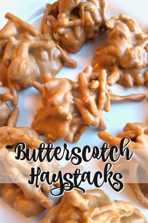 Butterscotch Haystacks! Crunchy chow mein noodles and salty peanuts covered in buttery, sweet butterscotch. These eat a lot like chocolate covered pretzels with a perfect combo of salty and sweet! #haystacks #butterscotch Butterscotch Candy Clusters, Ragtag Candy, Haystacks Recipe Butterscotch, Hay Stack Cookies, Butterscotch Clusters, Butterscotch Pretzels, Ragtag Candies, Christmas Desert Recipes, Finger Dessert