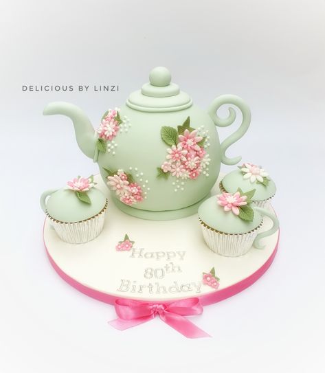 Gorgeous mint green teapot cake with cute little cupcakes made to look like teacups, and matching cupcakes. Teacup Birthday Cake, Teapot Cakes Birthday, Teapot Cake Ideas, Tea Theme Cake, Tea Party Cake Birthday, Teatime Cakes, Teapot Cakes, Teacup Party, Tea Pot Cake