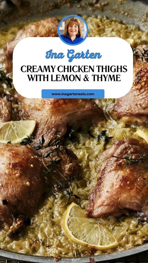 Ina Garten Creamy Chicken Thighs with Lemon & Thyme Ina Lemon Chicken, Ina Garten Chicken Thighs, Ina Garten Lemon Chicken, Lemon Thyme Recipes, Creamy Chicken Thighs, Ina Garten Chicken, Mustard Chicken Thighs, Best Ina Garten Recipes, Lemon Thyme Chicken