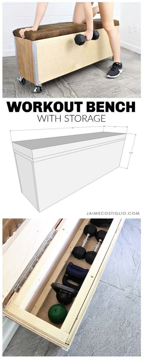 A DIY tutorial to build a workout bench with storage. Make a mobile workout bench with padded top and lots of storage. Perfect for workouts at home. #workoutbench #freeplans Diy Workout Bench, Workout Bench, Make A Mobile, Diy Furniture Cheap, Diy Home Gym, Diy Gym, Diy Workout, Workouts At Home, Gym Room At Home