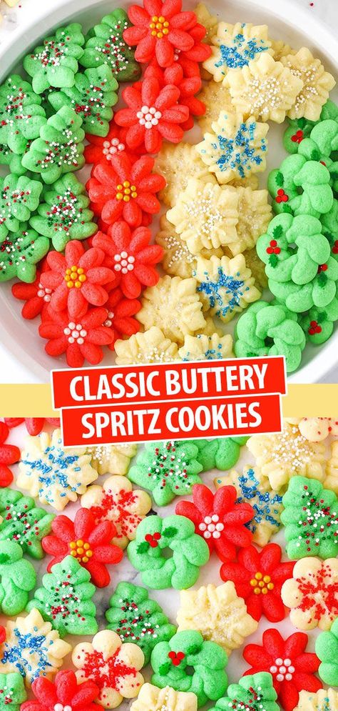 Buttery Classic Spritz Cookies! Tender, melt in your mouth cookies that are super easy to make and so festive for Christmas! #christmas #cookies #christmascookies Classic Spritz Cookies, Buttery Spritz Cookies, Festive Christmas Cookies, Spritz Cookie, Spritz Cookie Recipe, Xmas Cookie, Susan Branch, Fake Bakes, Easy Christmas Cookie Recipes