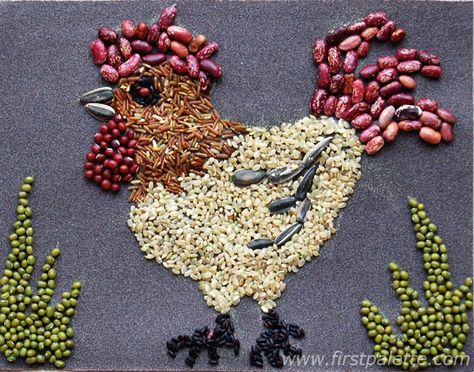 This regal rooster is made from seeds, nuts and beans. Create a marvelous mosaic with these natural art materials. Seed Mosaic, Seed Craft, Harvest Crafts, Crea Cuir, Seed Art, Fun Fall Crafts, Autumn Crafts, Fall Crafts For Kids, Natural Art