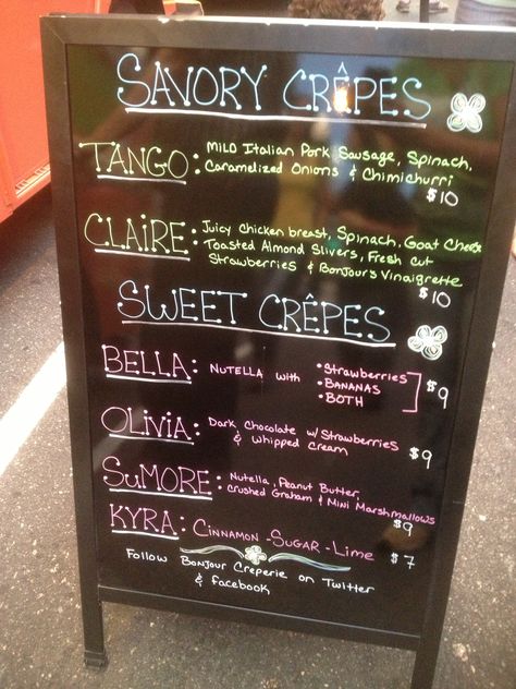 Menu Board - La Creperie Food Truck Crepe Menu Ideas, Food Truck Menu Board Ideas, Crepe Food Truck, Diy Food Truck, Ideas For Food Truck, Menu Board Ideas, Food Truck Menu Ideas, Mexican Ideas, Ideas For Food