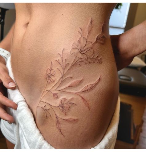 Thigh Tattoos Women Not Flowers, Full Body Leaf Tattoo, Unique Nature Tattoos For Women, Big Dainty Tattoos, Floral Tattoo Thigh Hip, Groin Area Tattoo, White Ink Spine Tattoo, Wrap Around Body Tattoo Women, Lily Of The Valley Hip Tattoo