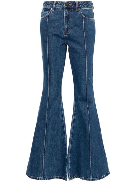 indigo blue cotton washed denim flared design seam detailing belt loops classic five pockets front button and zip fastening Flared Jeans Pattern, Flared Jeans 70s, Blue Flared Jeans, Abba Outfits, Royal Blue Jeans, Making Outfits, 70s Jeans, Jeans Flared, 70s Inspired Fashion