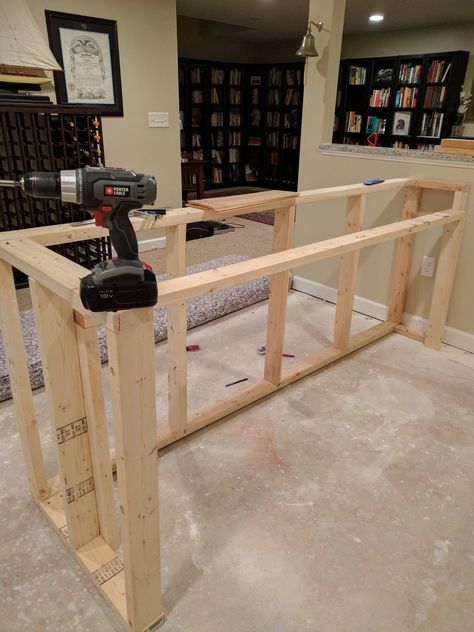 I built a bar in my basement - Imgur Diy Bar Table Man Caves, How To Build A Basement Bar, Build Basement Bar, Building A Basement Bar, Dry Bar Building Plans, Basement Bar Top Ideas, Custom Basement Bar, Diy Bar Build, Diy Bar Plans How To Build