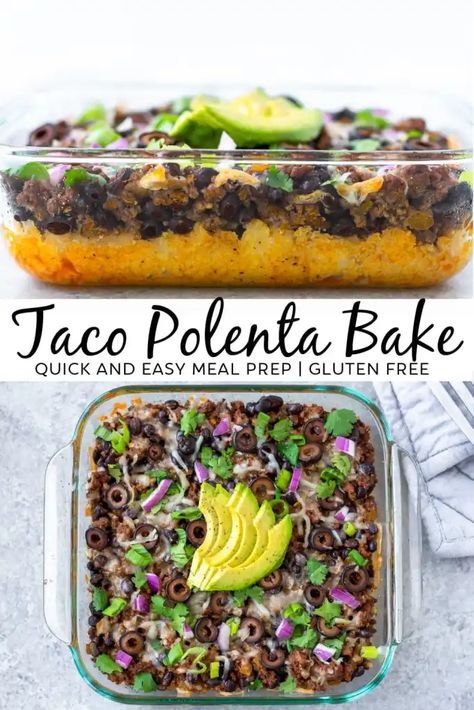 Need some meal prep inspiration? This spicy taco polenta bake is filling, healthy, delicious and super easy to make! Made with ground beef, black beans, polenta and mozzarella, this recipe is full of flavor! This dish is sure to become a family fave for meal prep! #mealprep #glutenfree #healthycasserole Polenta Bake, Bake Gluten Free, Gluten Free Meal Prep, Polenta Recipes, Spicy Tacos, Calorie Recipes, Free Meal, Shredded Lettuce, Healthy Delicious