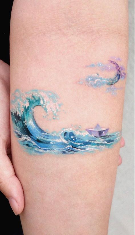 Illusion Tattoo, Beachy Tattoos, Tattoo Sonne, Sky Tattoos, See Tattoo, Optical Illusion Tattoo, Sea Tattoo, Anklet Tattoos, Wave Tattoo