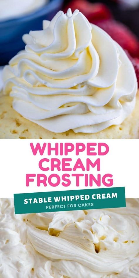 Whipped Cream Frosting is a great alternative to buttercream frosting! It’s so easy to make, and only uses 4 ingredients! It’s one of the best frostings ever. Sour Cream Whipped Cream, Whipped Cream For Cupcakes, Heavy Whipping Cream Frosting, Whipped Frosting Recipe, Topping Für Cupcakes, Whip Cream Frosting, Sturdy Whipped Cream Frosting, Frosting Flavors, Whipped Buttercream Frosting