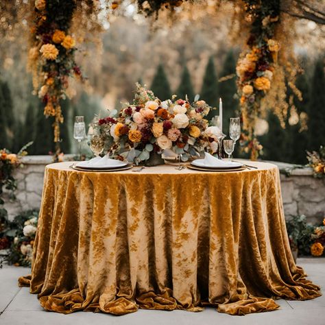 Table Cloth Tablescape, Wedding Velvet Tablecloth, Round Fall Wedding Tables, Rustic Fall Sweetheart Table, Fall Wedding Round Table Settings, Fall Tablescapes For Round Tables, Wedding Table Linen Ideas Color Palettes, Amber Wedding Decor, Velvet Wedding Table