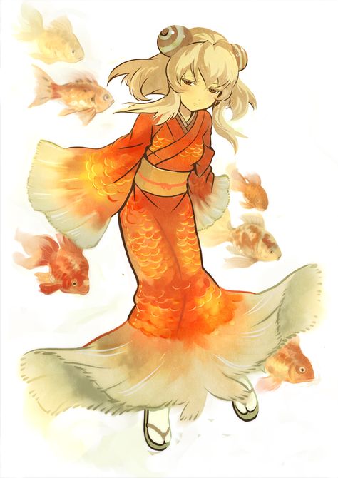 damin fish goldfish hair_ornament japanese_clothes kimono long_hair original red_eyes sandals scales sleeves_past_wrists solo tabi won_(toufunokado) Koi Fish Oc Art, Human Fish Character Design, Goldfish Outfit, Koi Fish Oc, Fish Character Design, Koi Kimono, Fish Kimono, Fish Oc, Persona Ideas