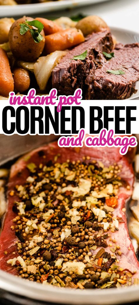 Corned Beef slices on a plate with carrots and potatoes in the top image and the whole corned beef covered in peppercorns in the pressure cooker. Pressure Cooker Corned Beef, Instant Pot Corned Beef, Corned Beef Recipes Slow Cooker, Corned Beef And Cabbage Recipe, Beef And Cabbage Recipe, Cooking Corned Beef, Corn Beef, Corned Beef And Cabbage, Corned Beef Brisket