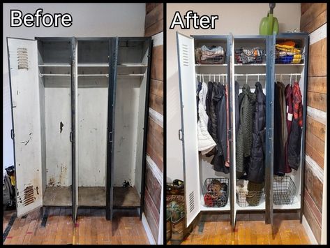 Old Locker Ideas For Home, Old Lockers Repurposed Storage Ideas, Metal Locker Makeover, Locker Closet Ideas, School Lockers Repurposed, Metal Lockers Repurposed, Old Lockers Repurposed, Metal Lockers Ideas For Home, Locker Storage Ideas