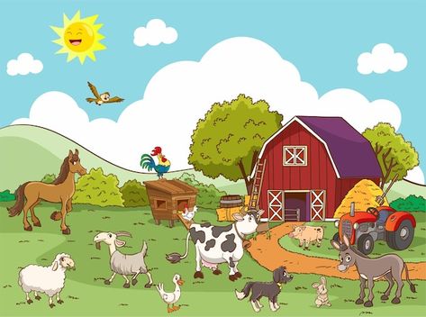 Cartoon farm animals in the farming back... | Premium Vector #Freepik #vector #farm-animals #livestock #cow-goat #happy-cow Farm Cartoon Background, Farm Animal Pictures, Farming Background, Farming Art, Animal Farms, Cartoon Farm Animals, Farm Drawing, Animals Animated, Farm With Animals