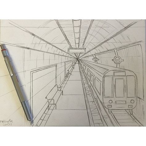 #TodaysDoodle (No. 251) Work In Progress: 1-Point Perspective "London Underground Mind The Gap" Pencil Sketch | by maccymacx Cool One Point Perspective Drawing, 1 Point Perspective Train Station, Landscape In Perspective, 1st Point Perspective Drawing, Point 1 Perspective Drawing, One Point Prespective Sketches City, I Point Perspective Drawing, Linear Perspective Drawing Easy, One Point Perspective Railway Station