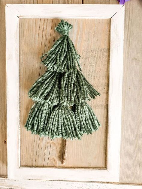 Tassel Christmas Tree, Cheap Christmas Crafts, Tassel Christmas, Christmas Tree Sign, Pottery Barn Christmas, Living Room Fireplace, Tree Sign, Cone Christmas Trees, Alternative Christmas Tree